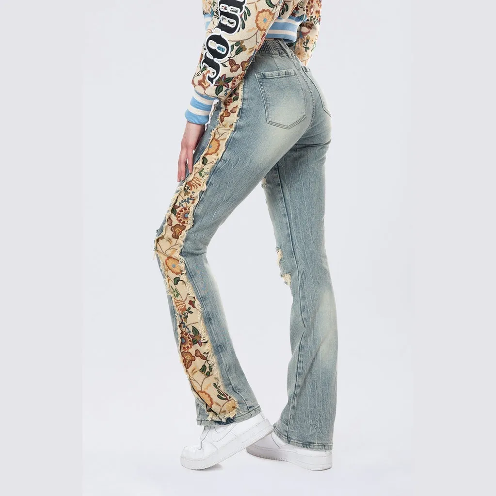 High Rise Tapestry Bootcut Jeans - Alpine Blue