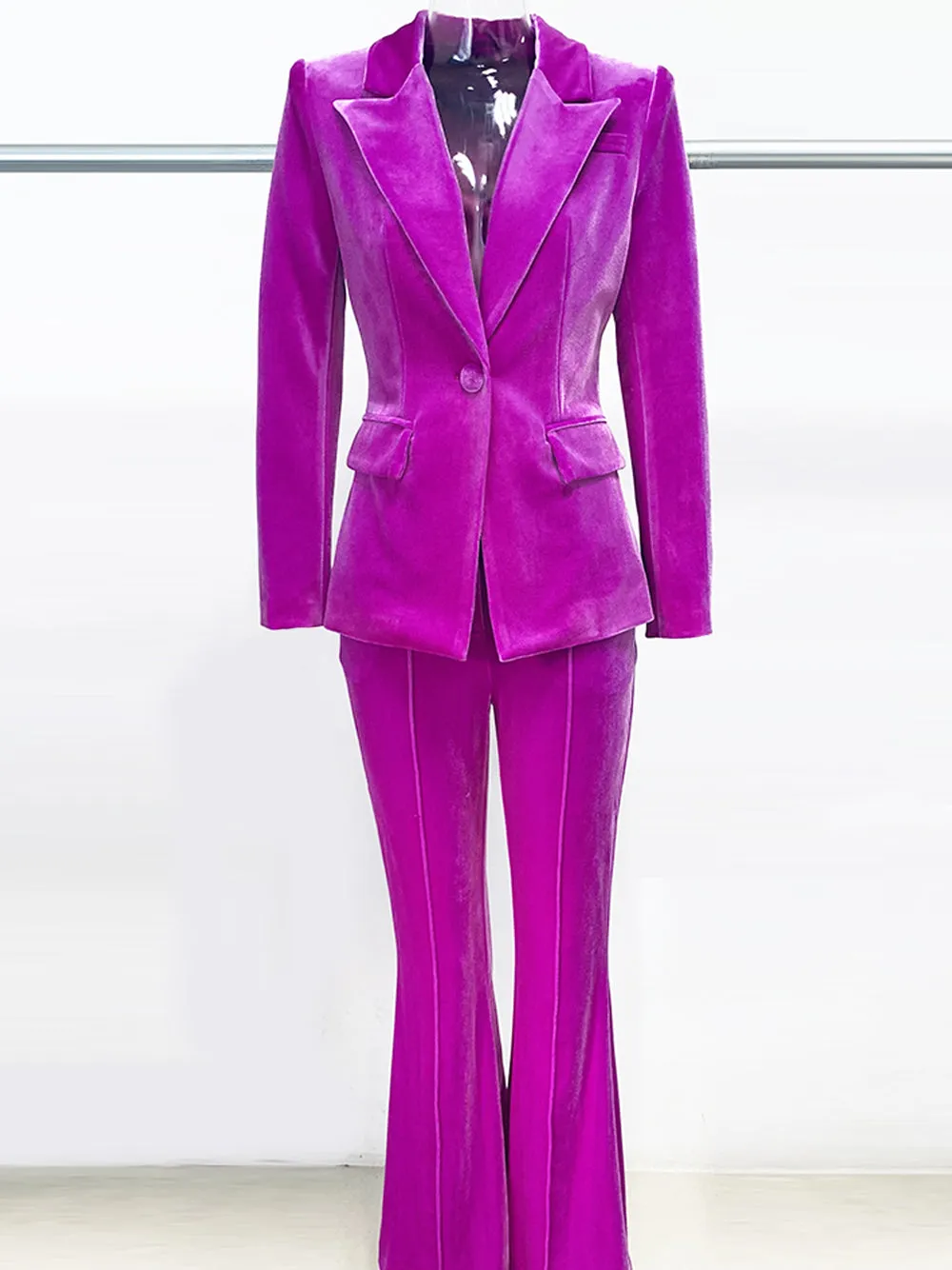 HINIYA Velvet Blazer & Flared Pants Set in Fuchsia