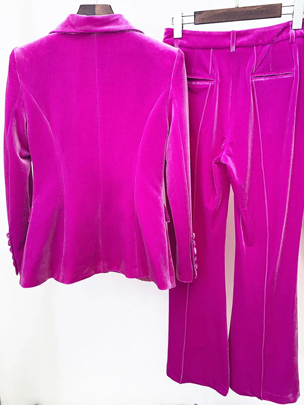 HINIYA Velvet Blazer & Flared Pants Set in Fuchsia