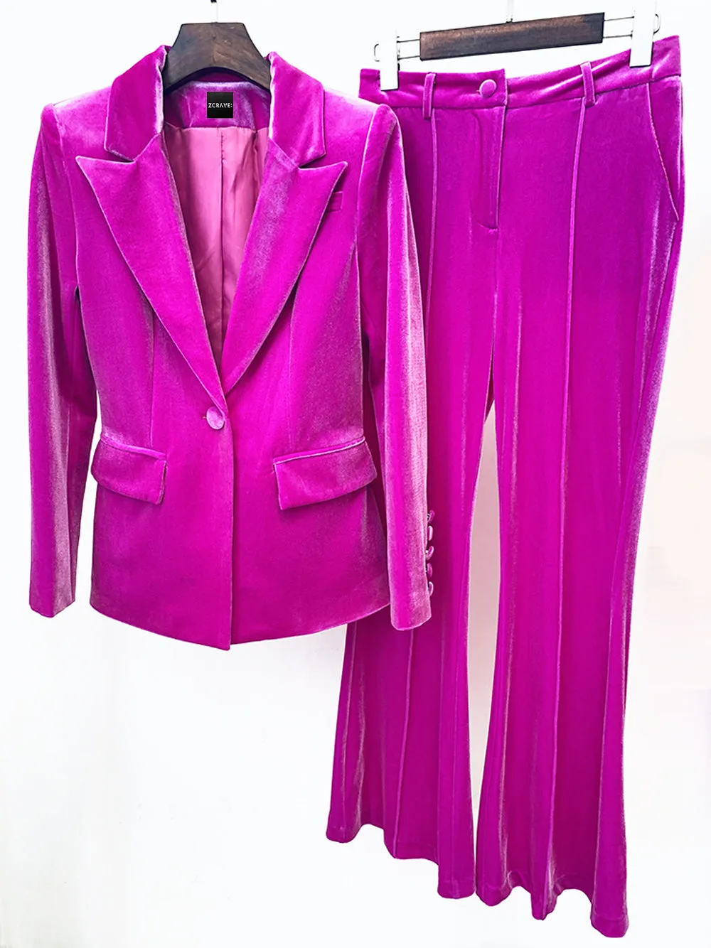 HINIYA Velvet Blazer & Flared Pants Set in Fuchsia