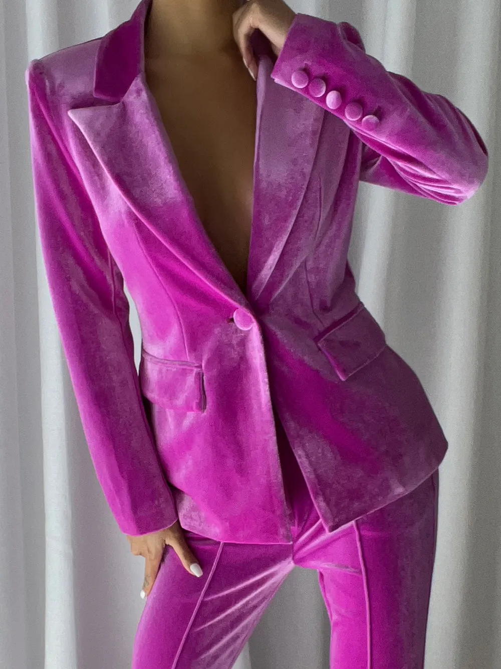 HINIYA Velvet Blazer & Flared Pants Set in Fuchsia