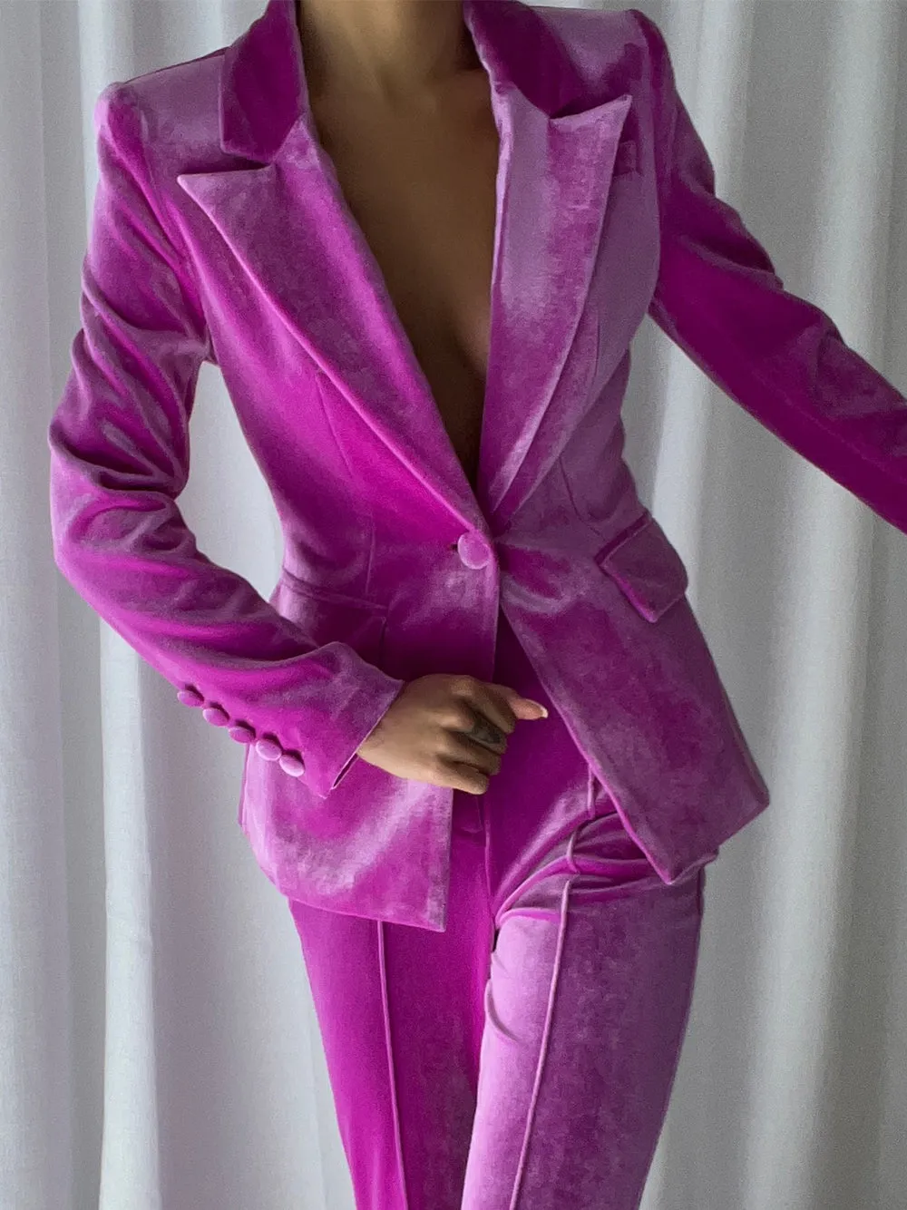 HINIYA Velvet Blazer & Flared Pants Set in Fuchsia