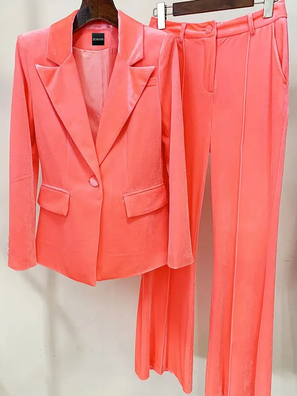 HINIYA Velvet Blazer & Flared Pants Set in Peach Pink