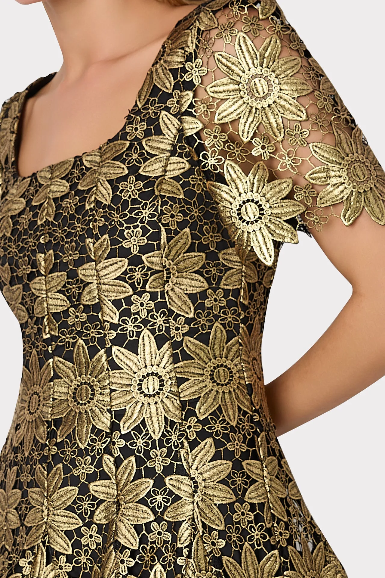 Ilisa Gold Lace Godet Mini Dress