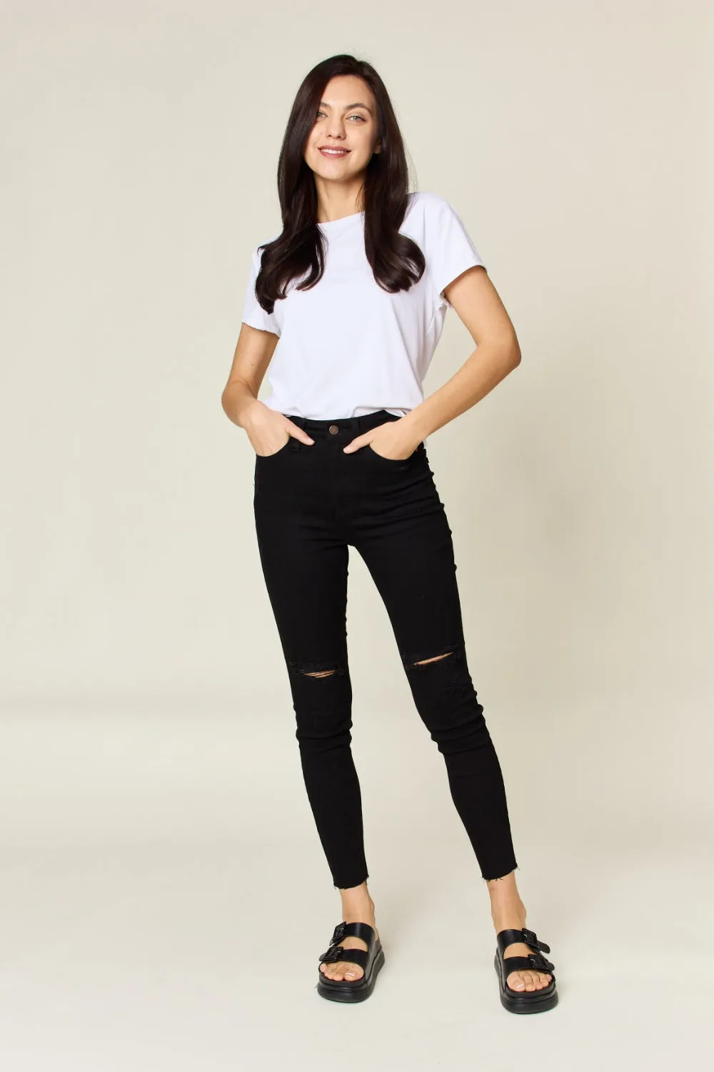 Judy Blue, High-Rise Heavy Destroy Raw Hem Tummy Control Skinny Jeans