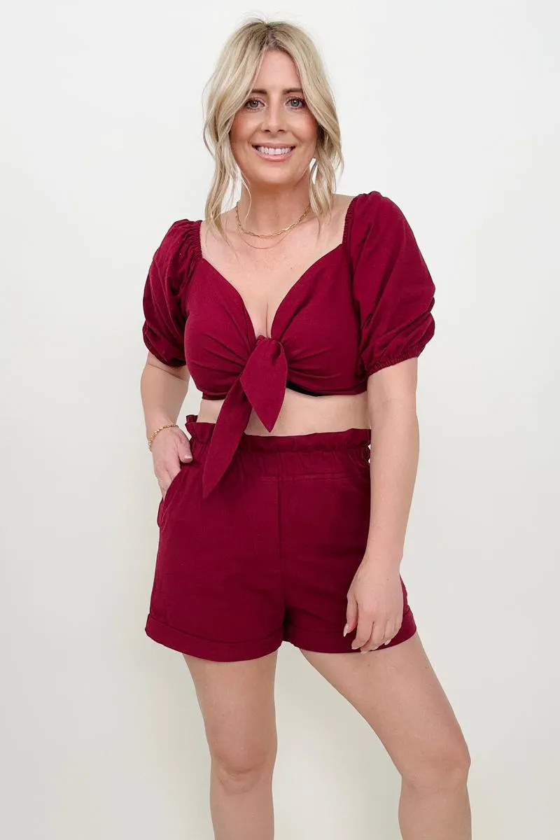 Knot Front Cropped Top and Shorts Set - Ships from The US