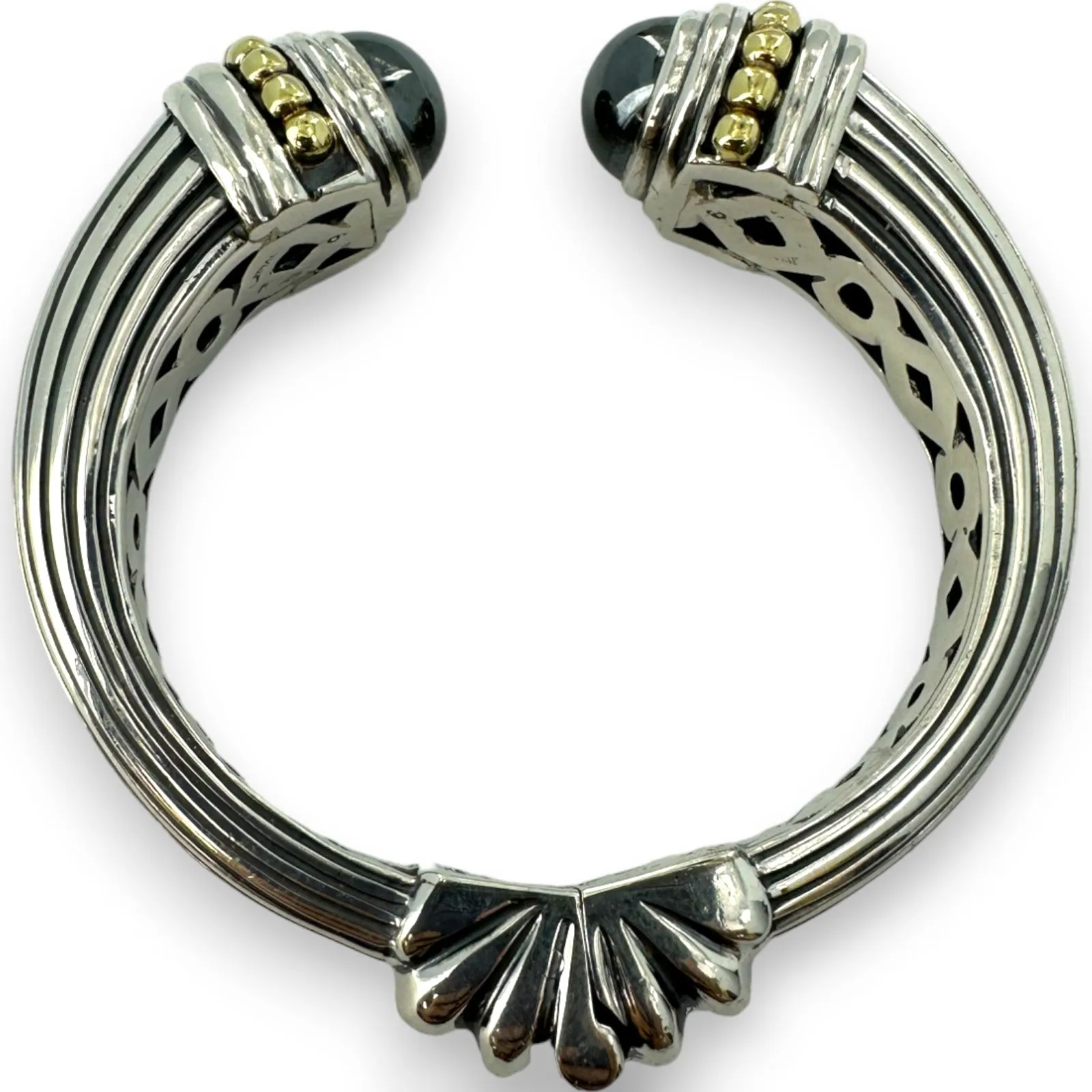 Lagos Caviar Solid 925 Sterling Silver and 18kt Gold Discontinued Hinged Cuff Bracelet with 12mm Hematite End Caps