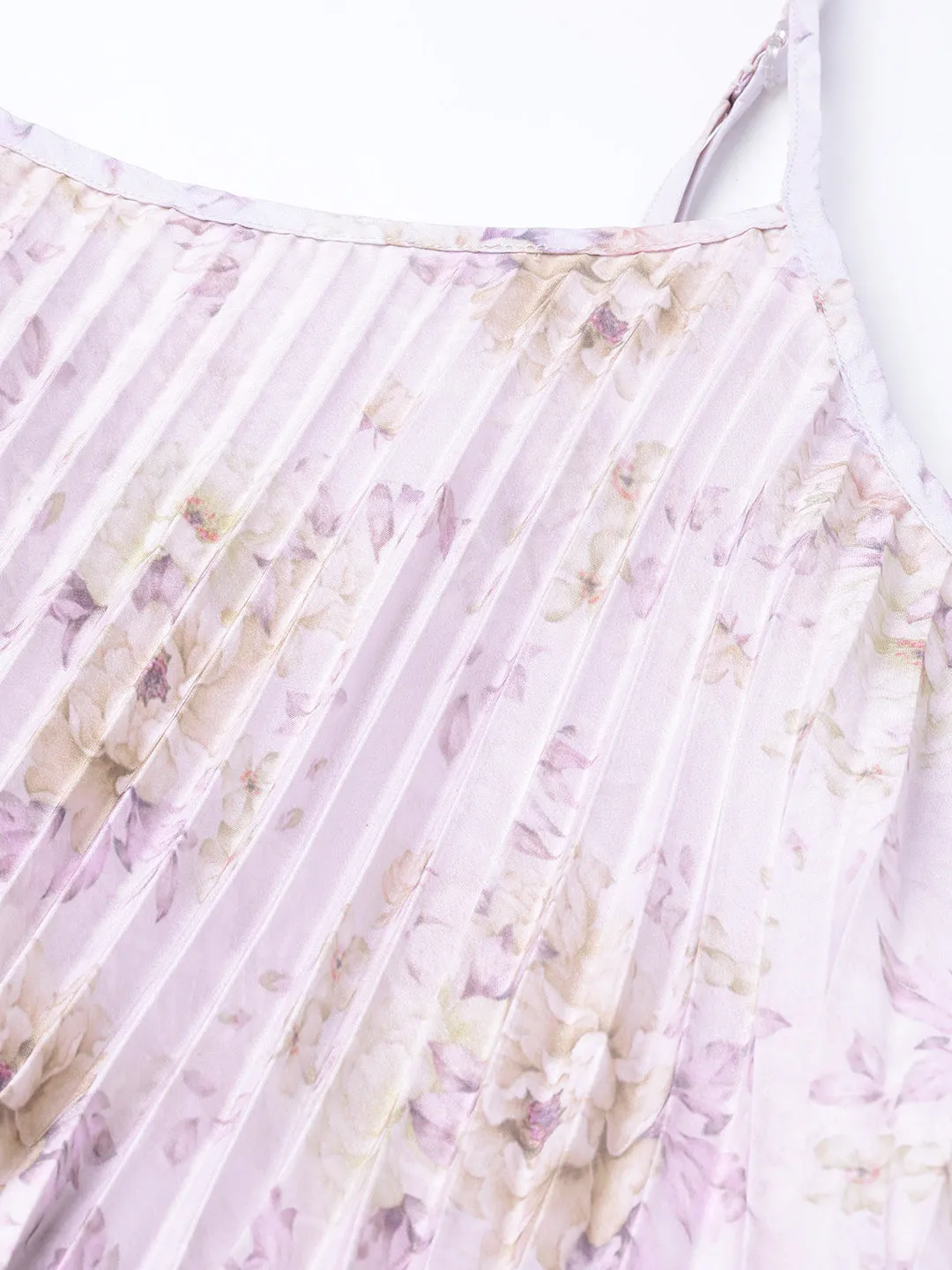 Lavender Floral Strappy Pleated Maxi Dress