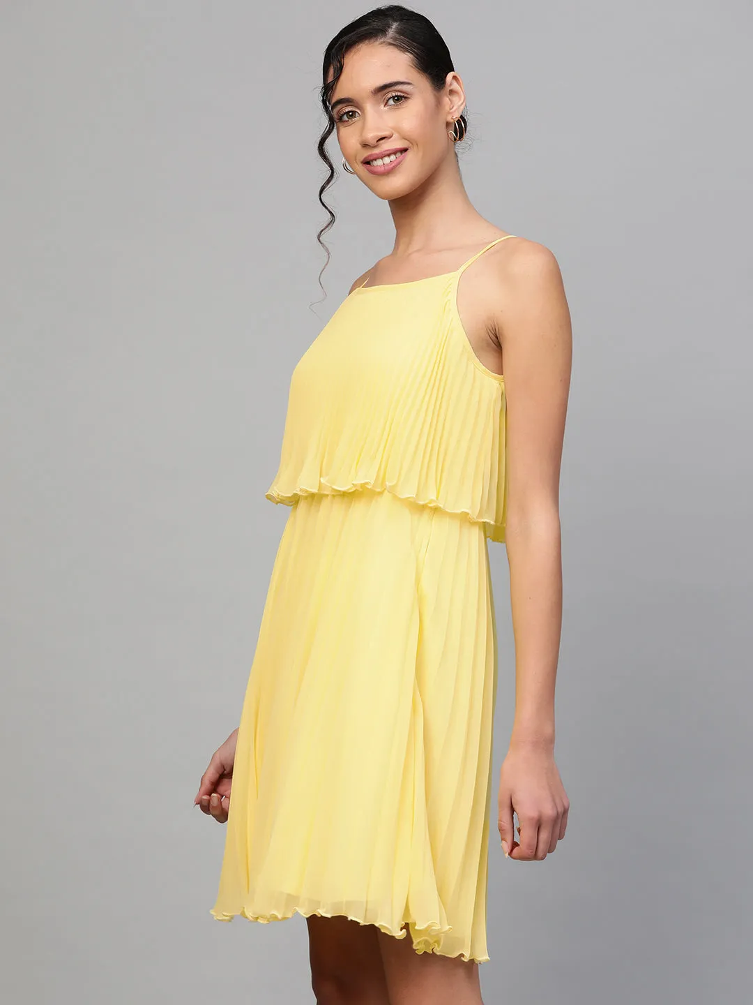 Lemon Pleated Short Strappy Skater Dress