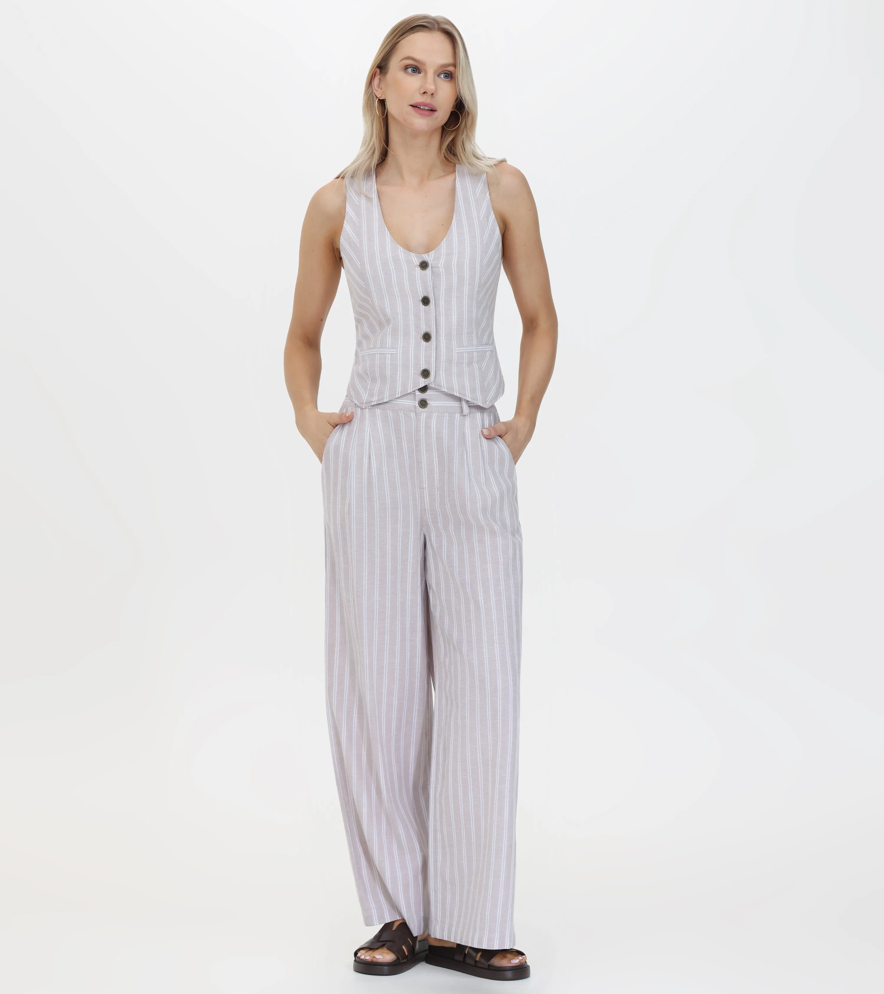 Linen Striped Wide Leg Pant