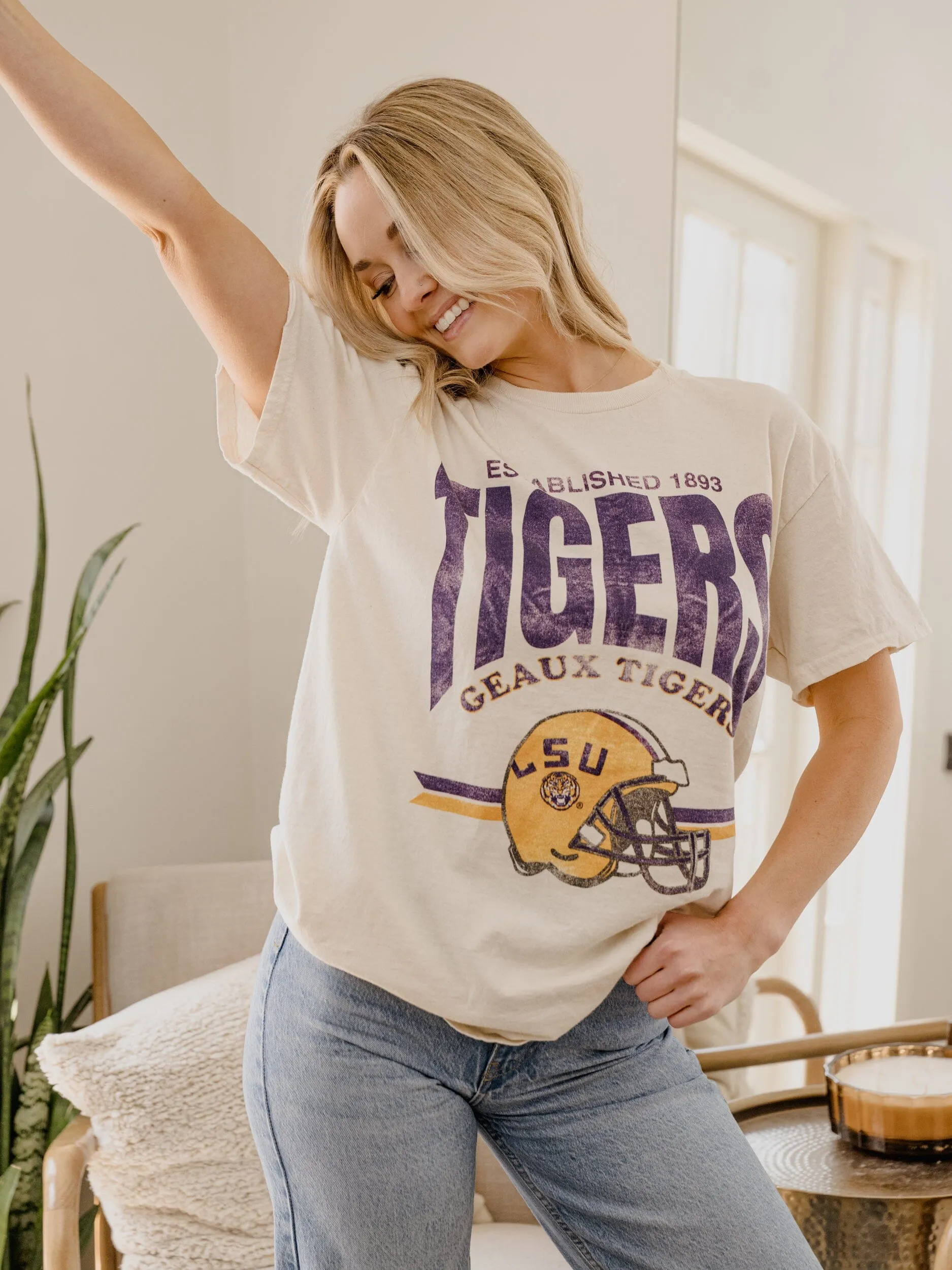 LSU Tigers Established Date Helmet Off White Thrifted Tee