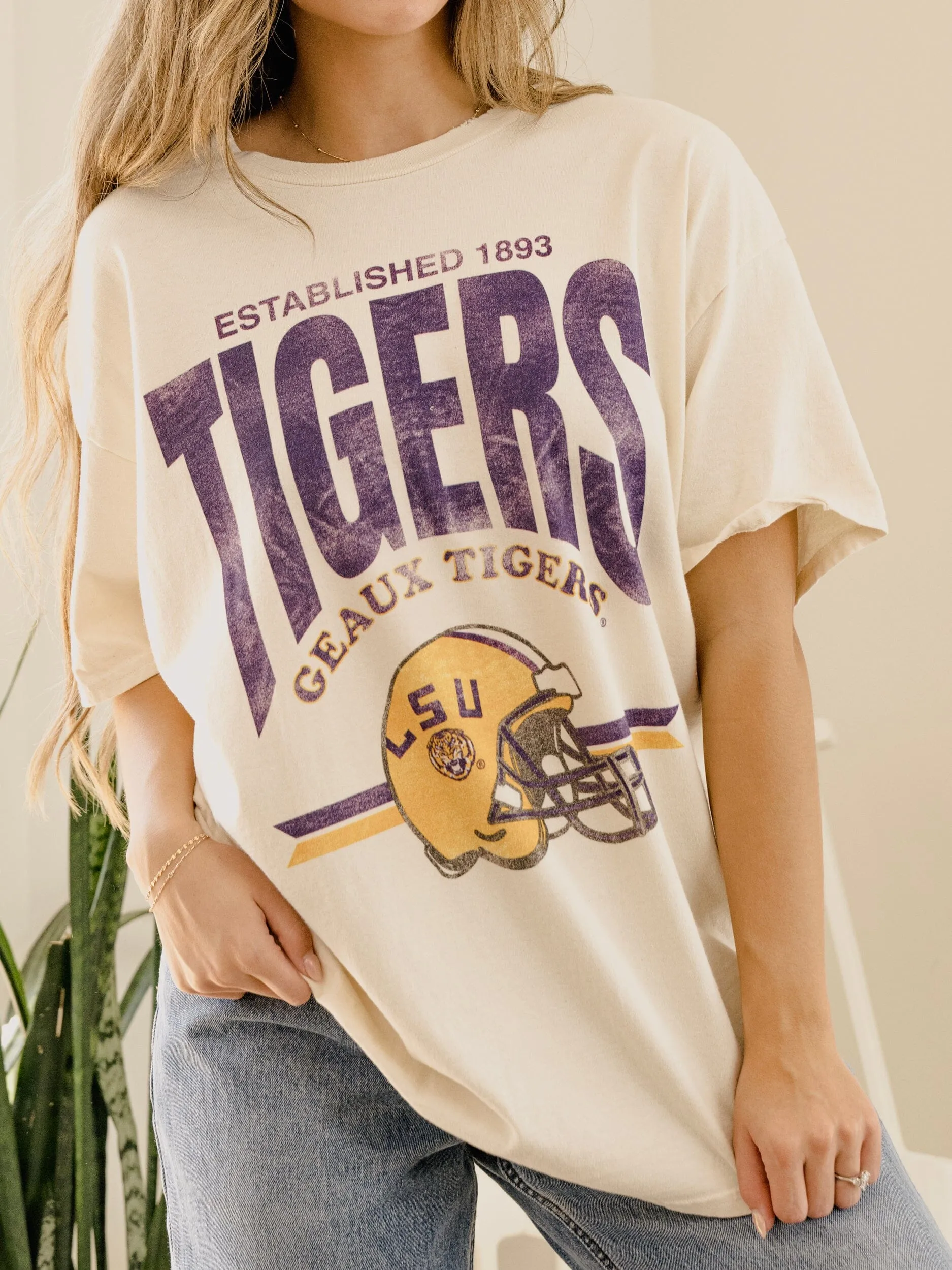 LSU Tigers Established Date Helmet Off White Thrifted Tee