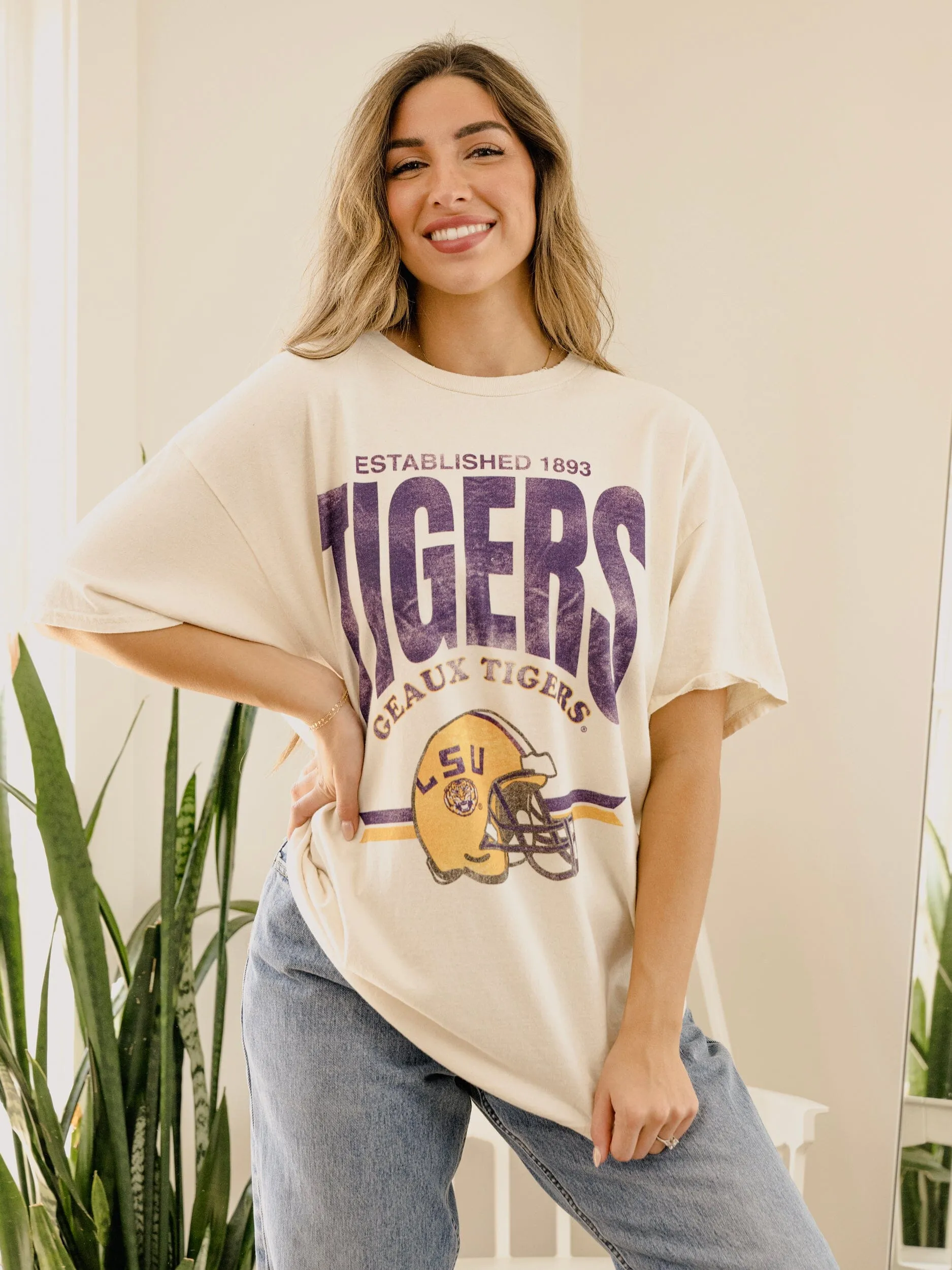 LSU Tigers Established Date Helmet Off White Thrifted Tee