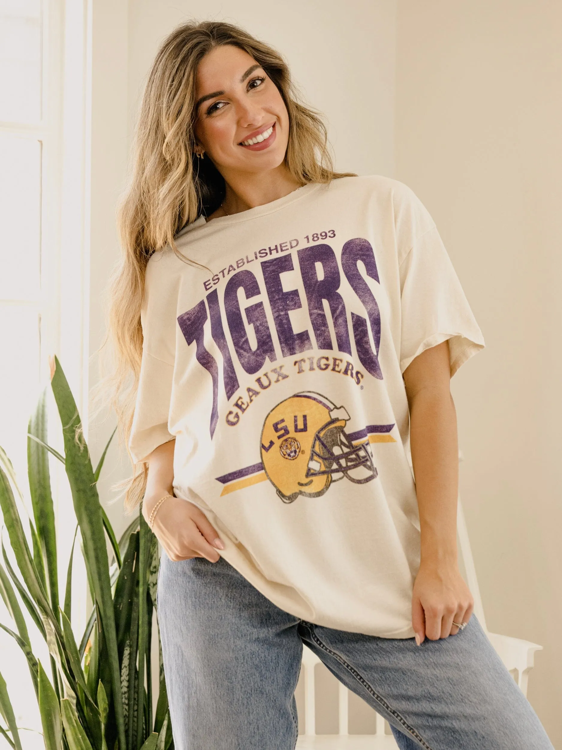 LSU Tigers Established Date Helmet Off White Thrifted Tee