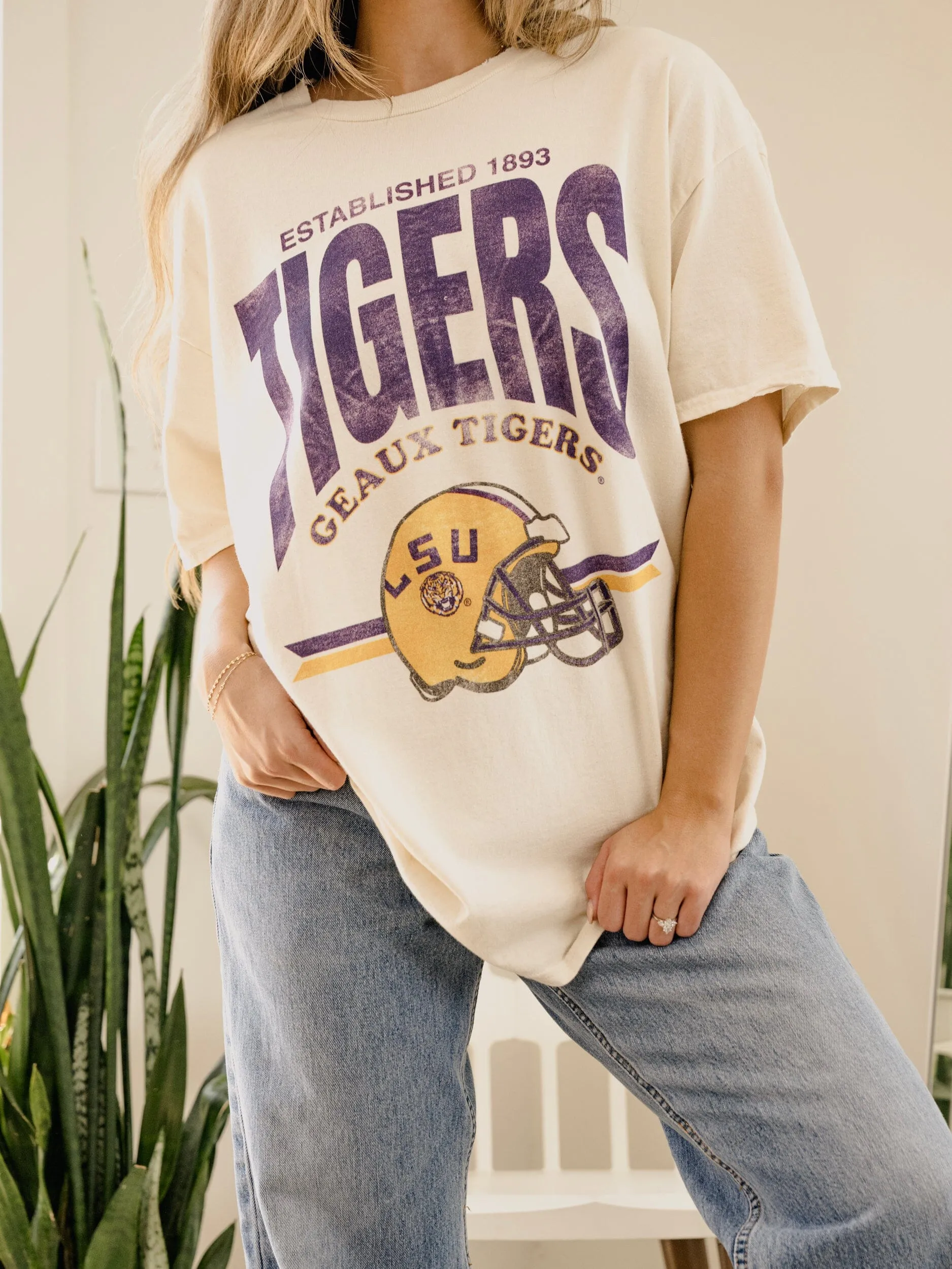 LSU Tigers Established Date Helmet Off White Thrifted Tee