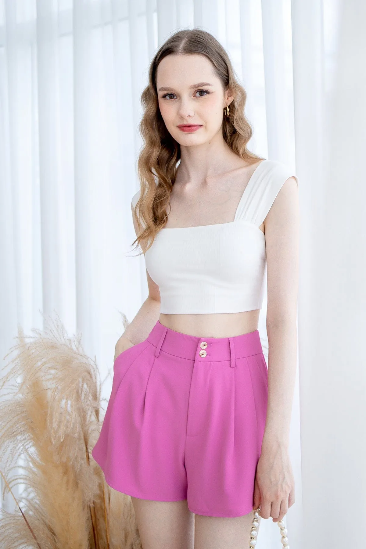 LUCCA BUTTONED PLEATED SHORTS IN BARBIE PINK