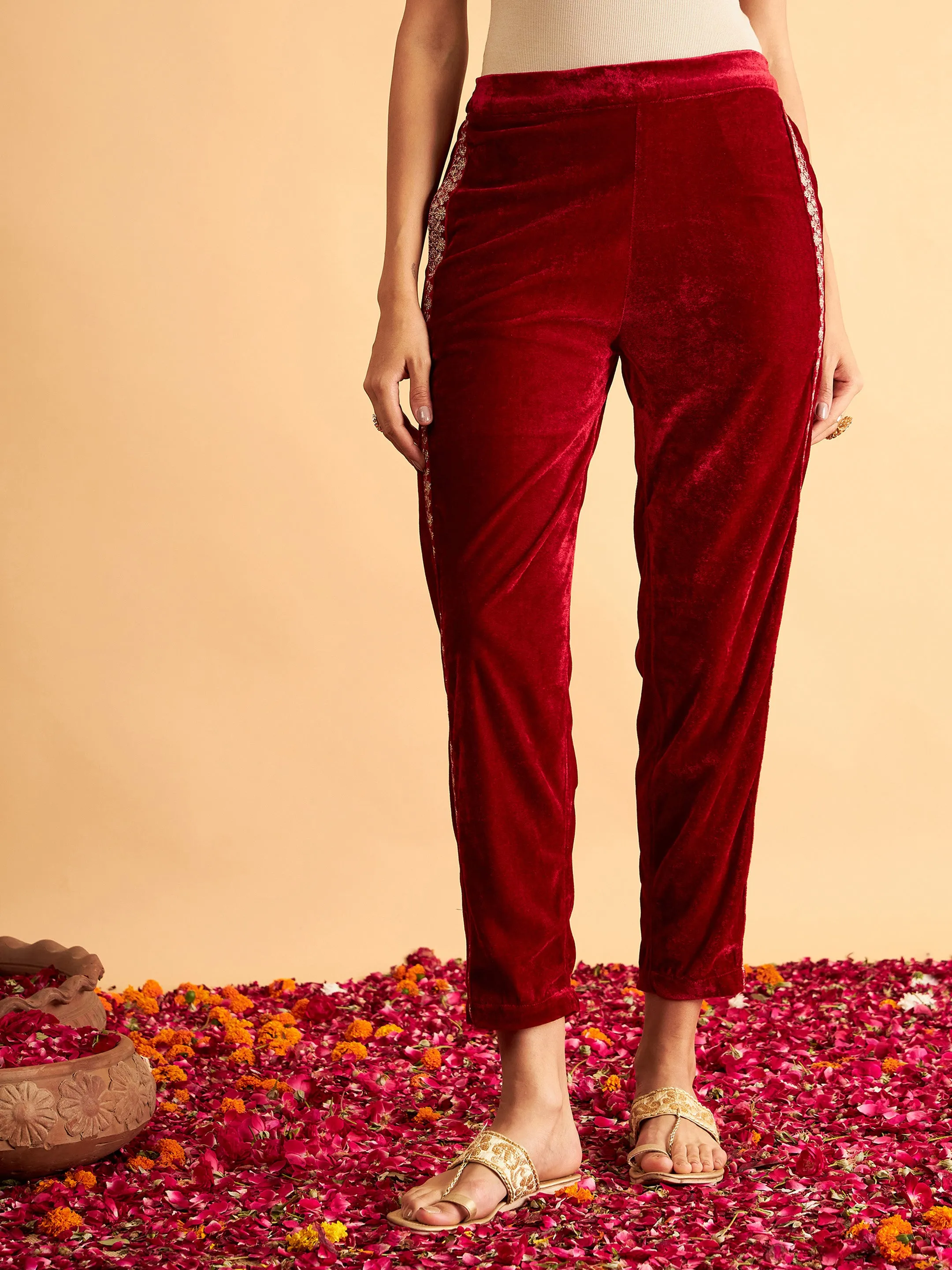 Maroon Velvet Side Embroidered Pencil Pants