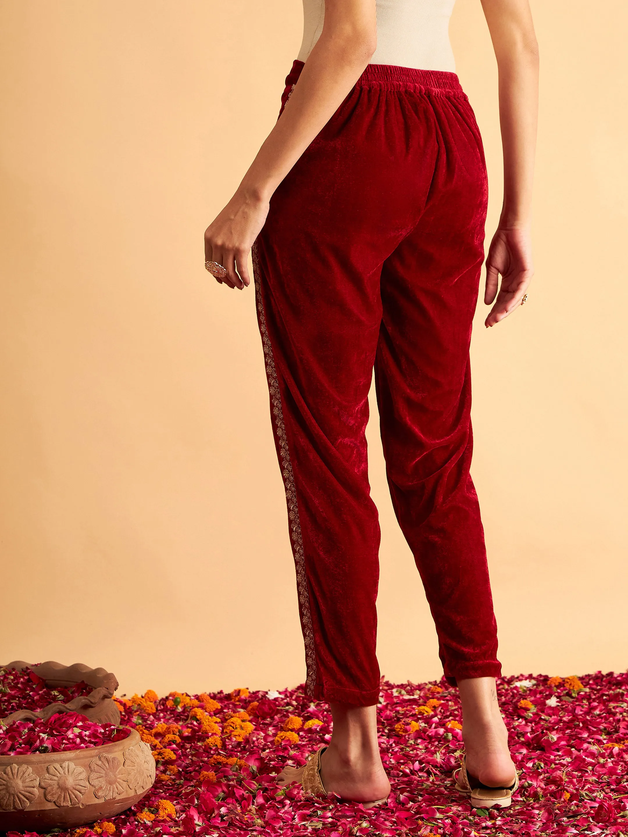 Maroon Velvet Side Embroidered Pencil Pants