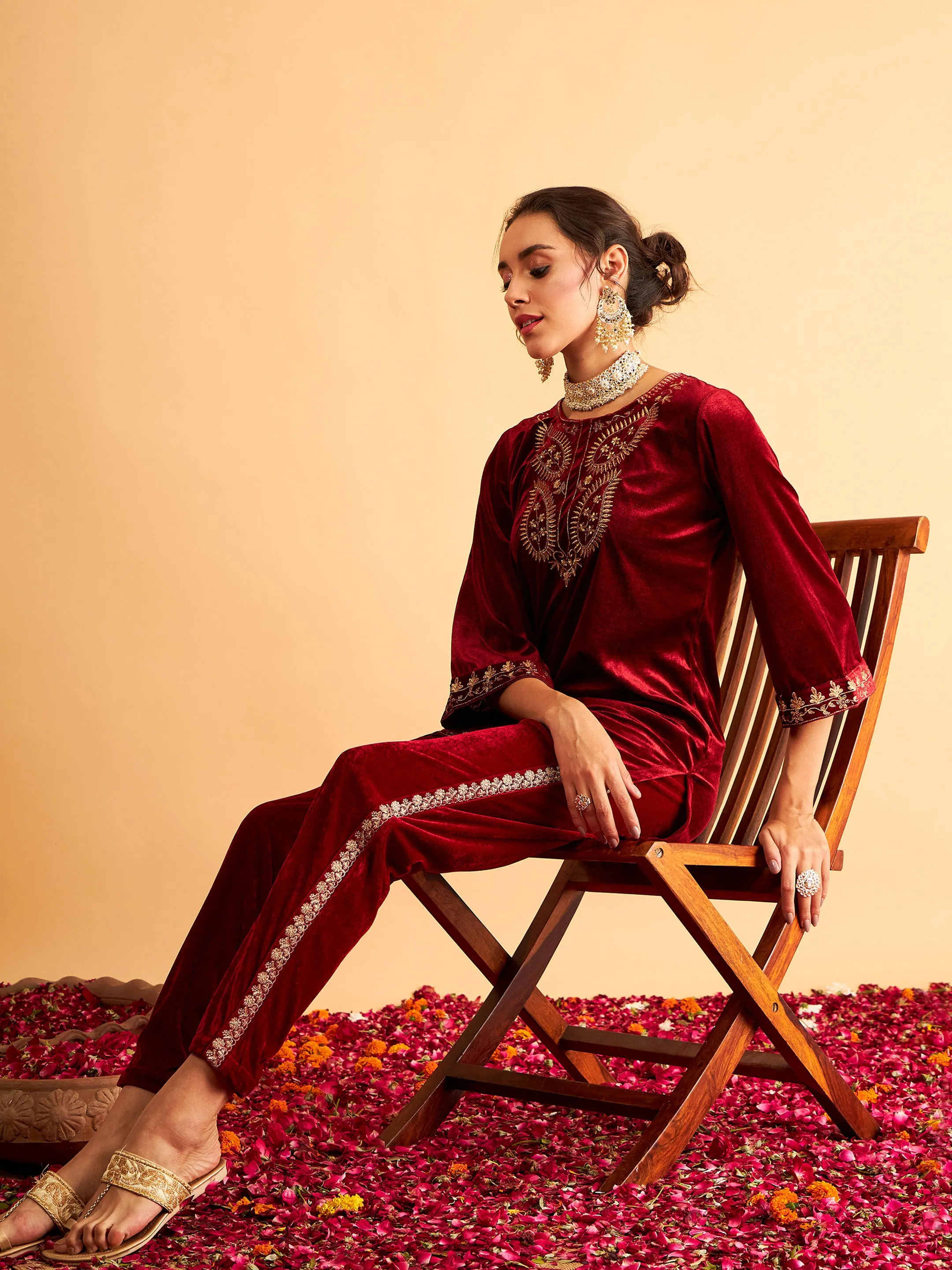 Maroon Velvet Side Embroidered Pencil Pants