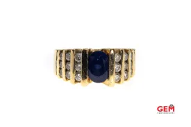 Natural Oval Sapphire & Diamond Tension Set Band 14K 585 Yellow Gold Ring Size 6