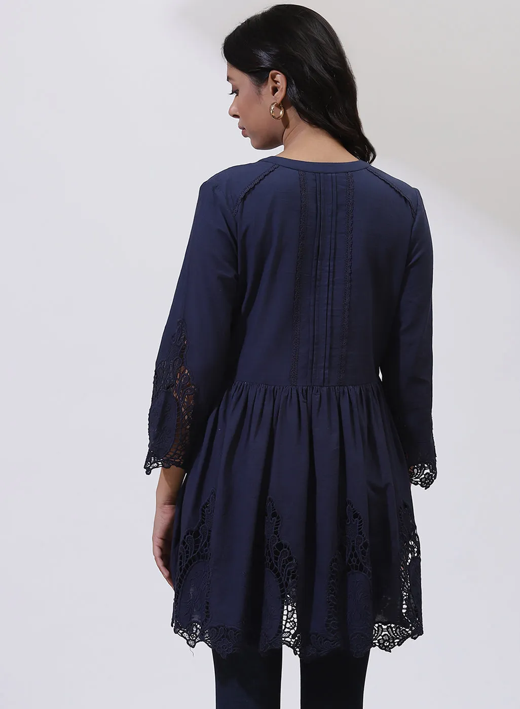 Navy Blue Phool Collection Tunic With Schiffli Embroidery