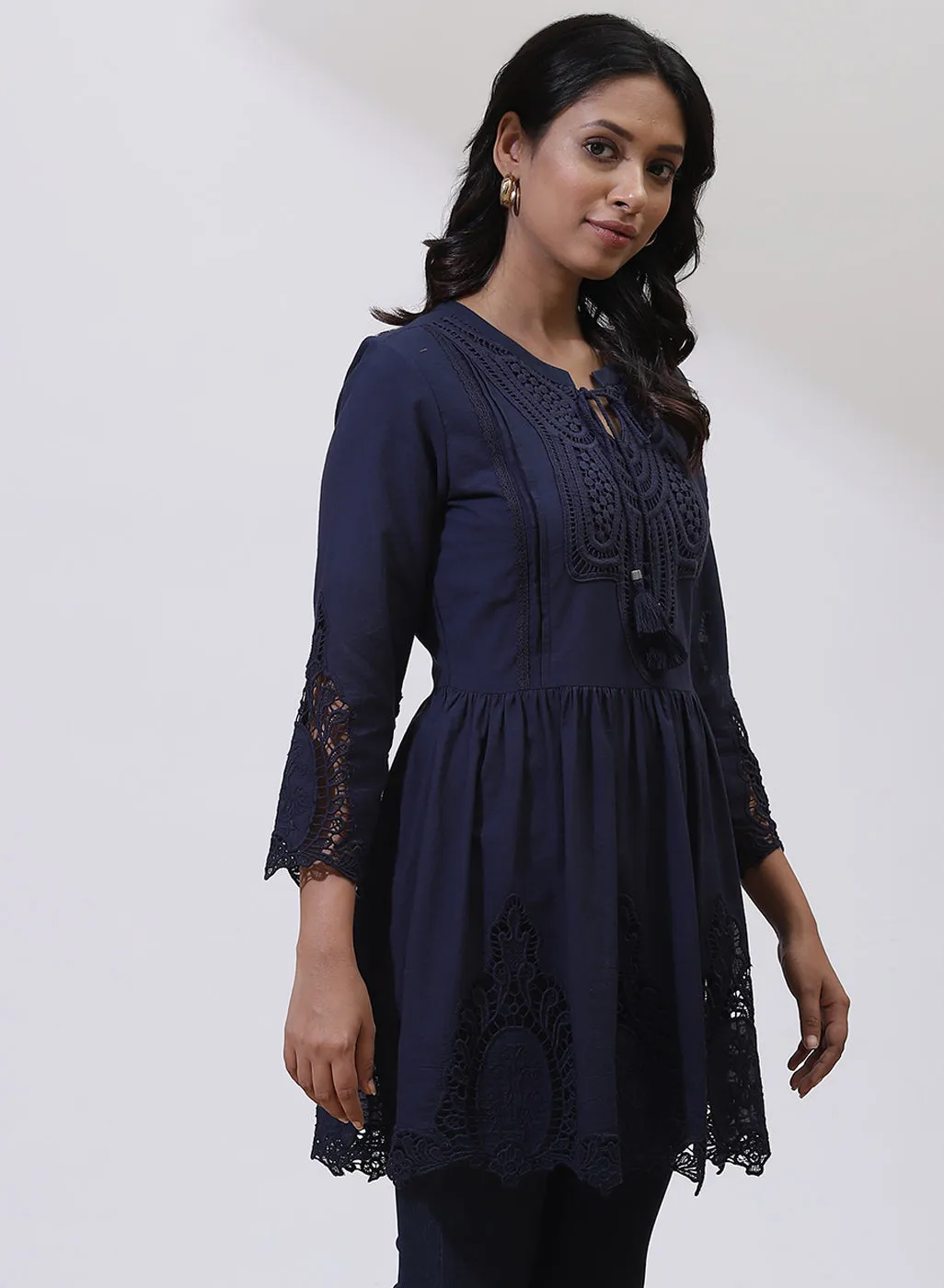 Navy Blue Phool Collection Tunic With Schiffli Embroidery