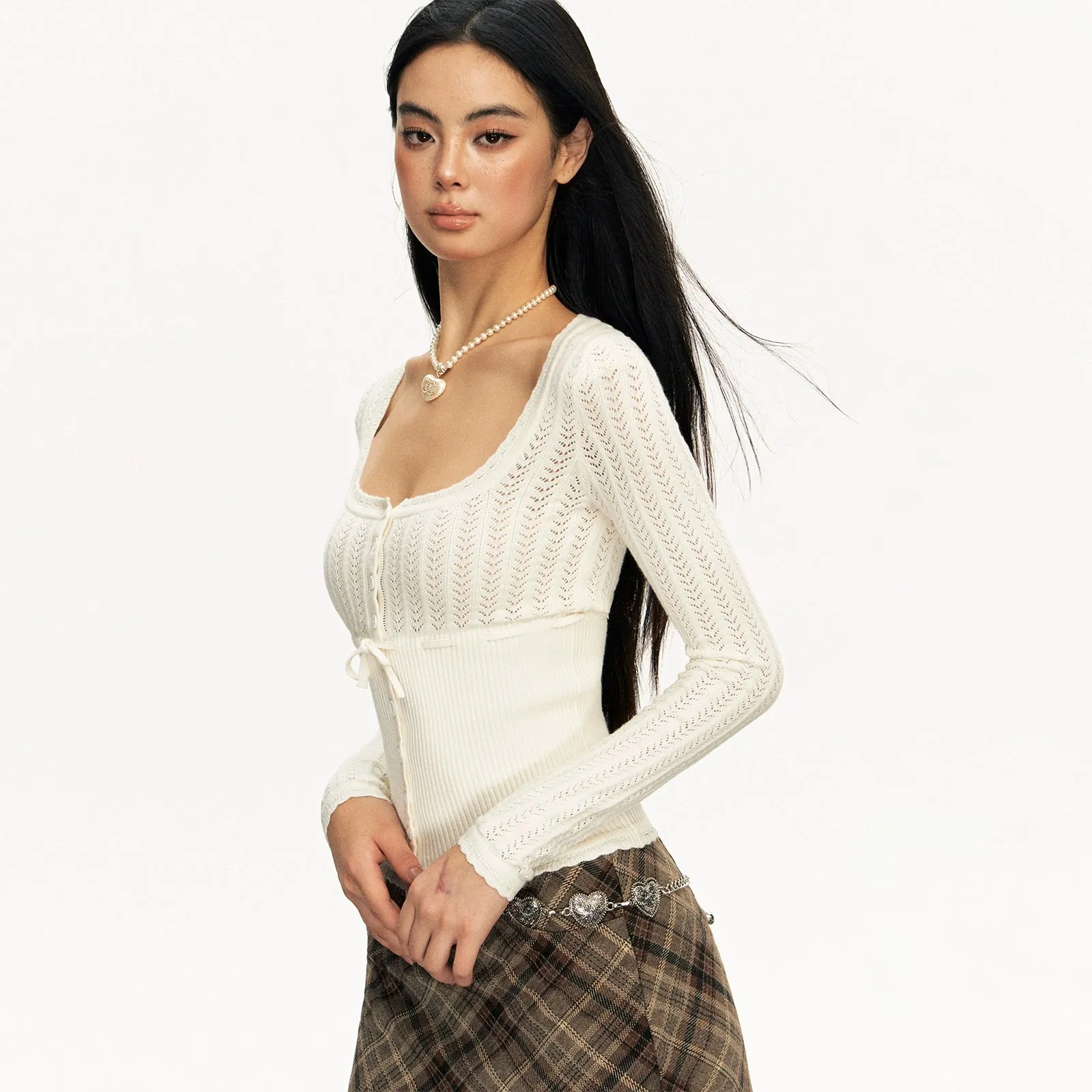 Open Knit Ribbed Button-Up Long Sleeve Top