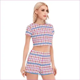 Pink Houndstooth Womens Short Sleeve Cropped Top Shorts Set