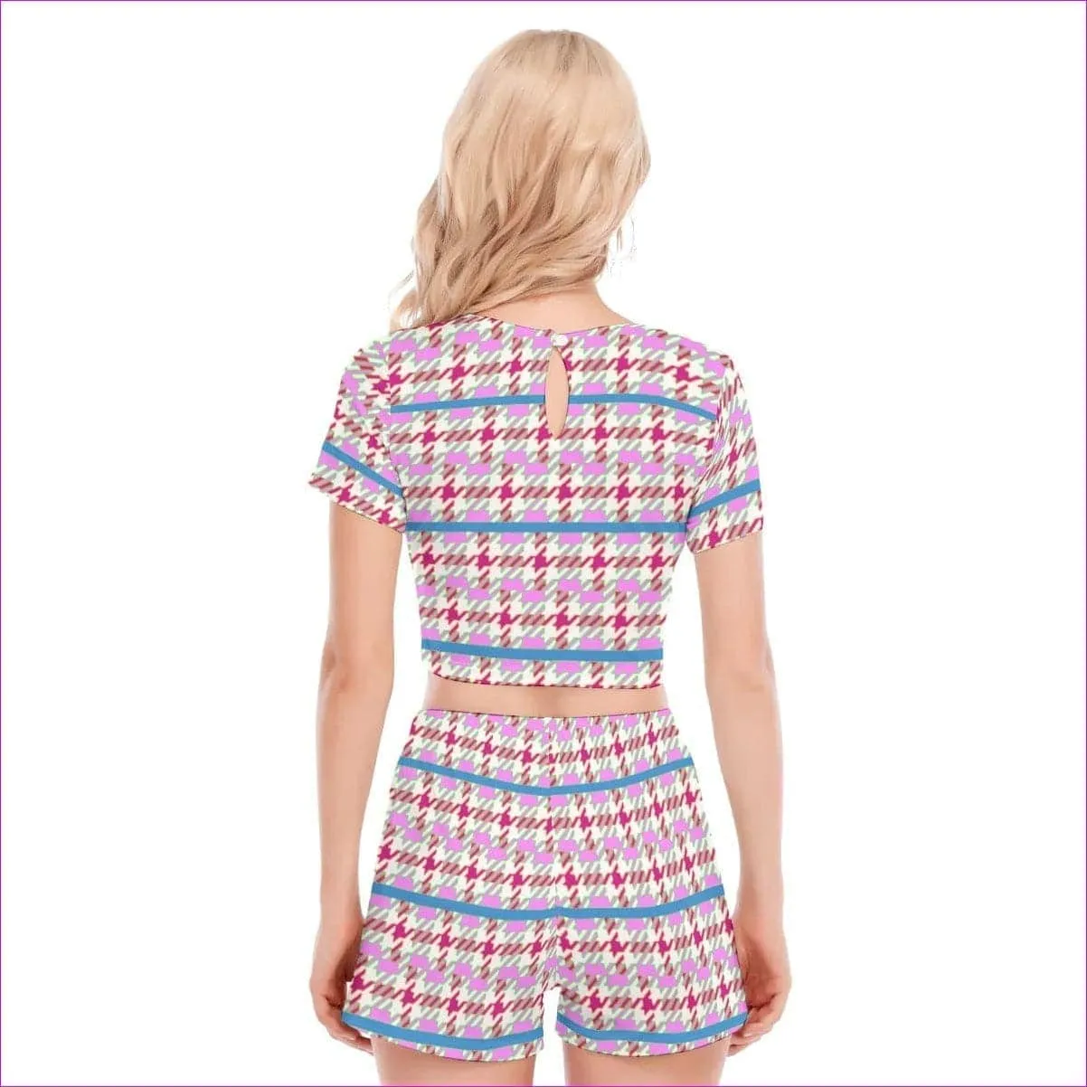 Pink Houndstooth Womens Short Sleeve Cropped Top Shorts Set