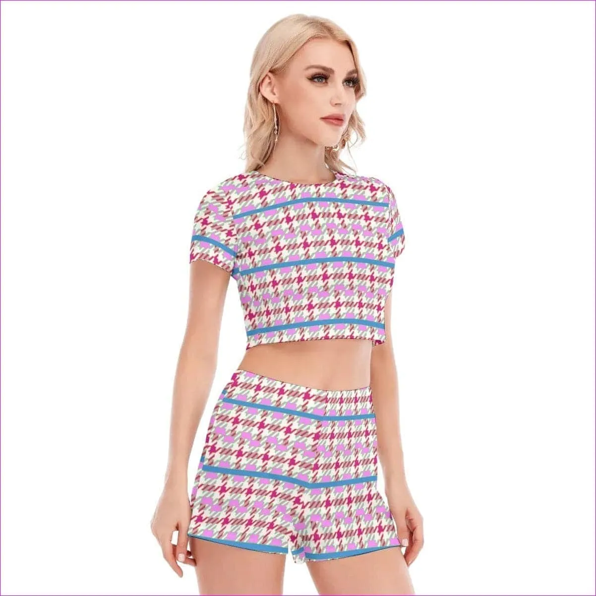 Pink Houndstooth Womens Short Sleeve Cropped Top Shorts Set