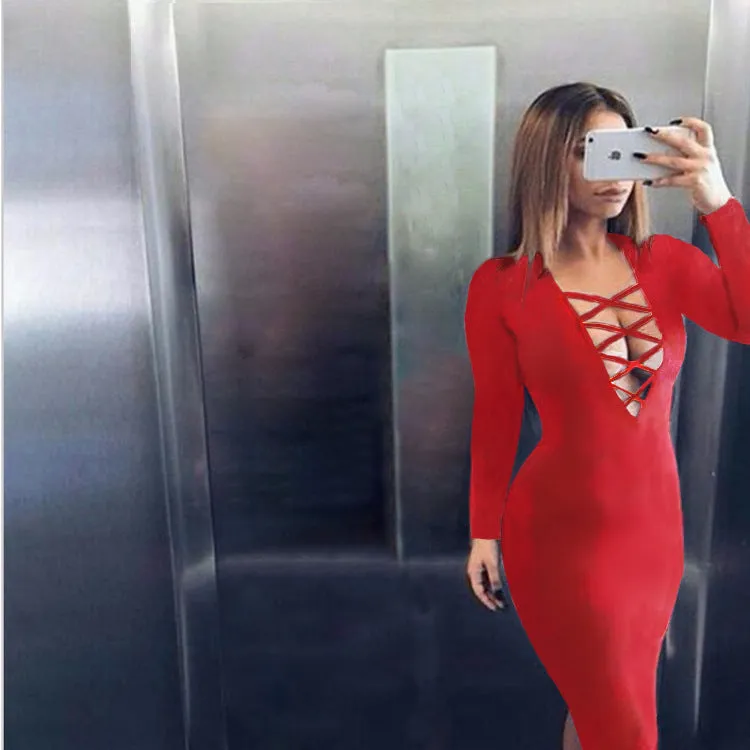 Plunging Front Criss Cross Bodycon Dress Long Sleeve