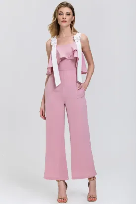 Rania Fawaz - Rose and White Belt Strap Off the Shoulder Jumpsuit