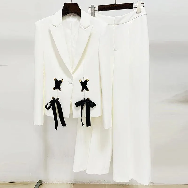 Ribbons Lacing Two Piece White Suit Set