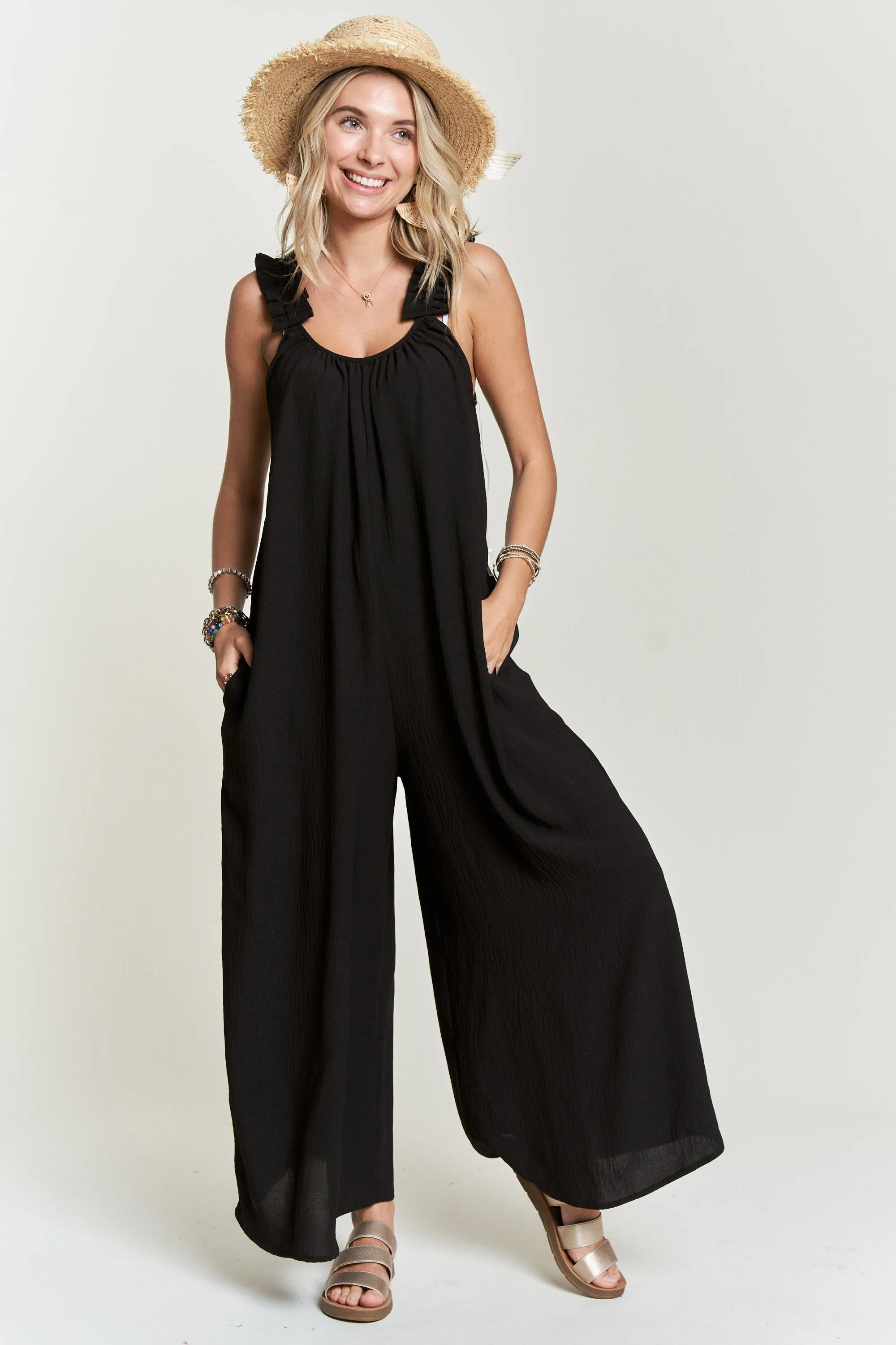 Ruffled Shoulder Strap Wide Leg Jumpsuit- Black