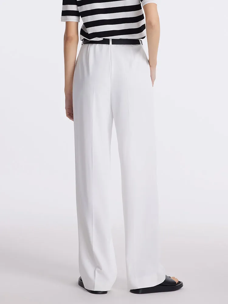 Straight Pleated Women Pants With Leather Belt