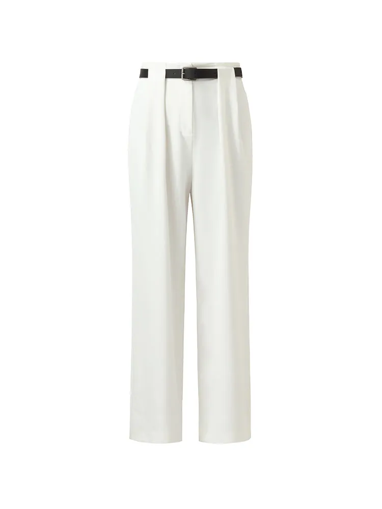 Straight Pleated Women Pants With Leather Belt