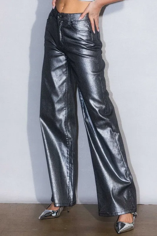 TEEK - Silver Metallic High Rise Wide Jeans