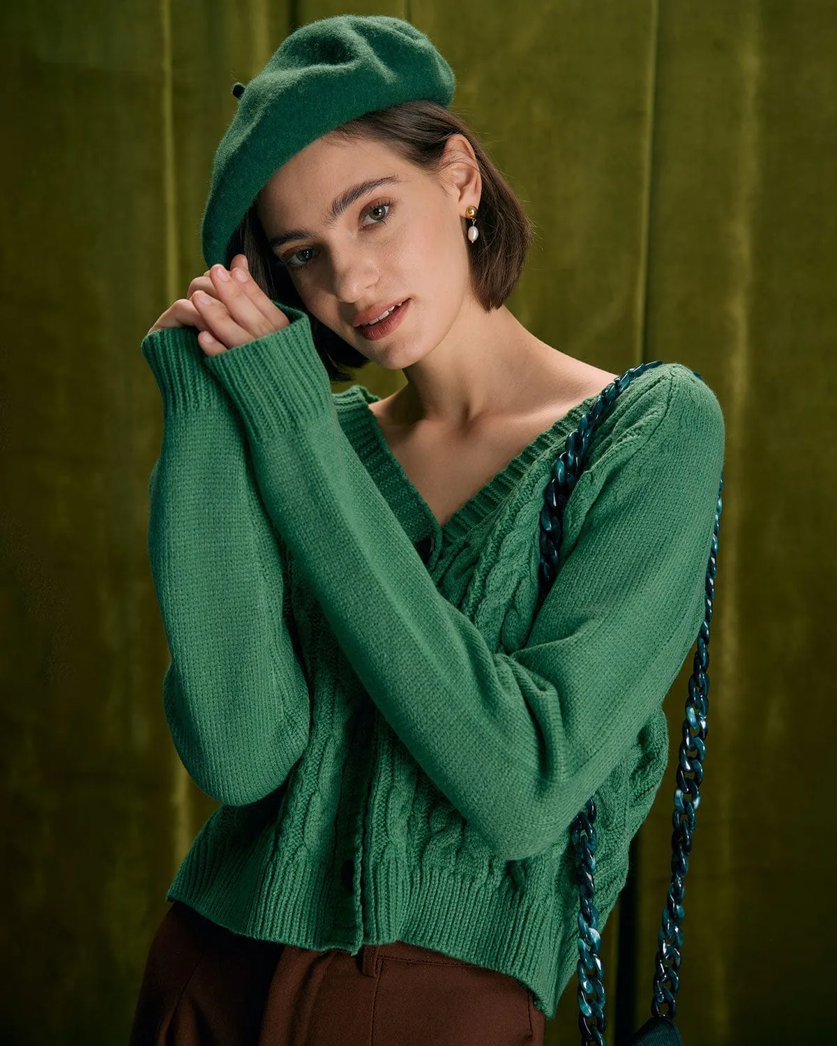 The Green V Neck Ribbed Cable Cardigan