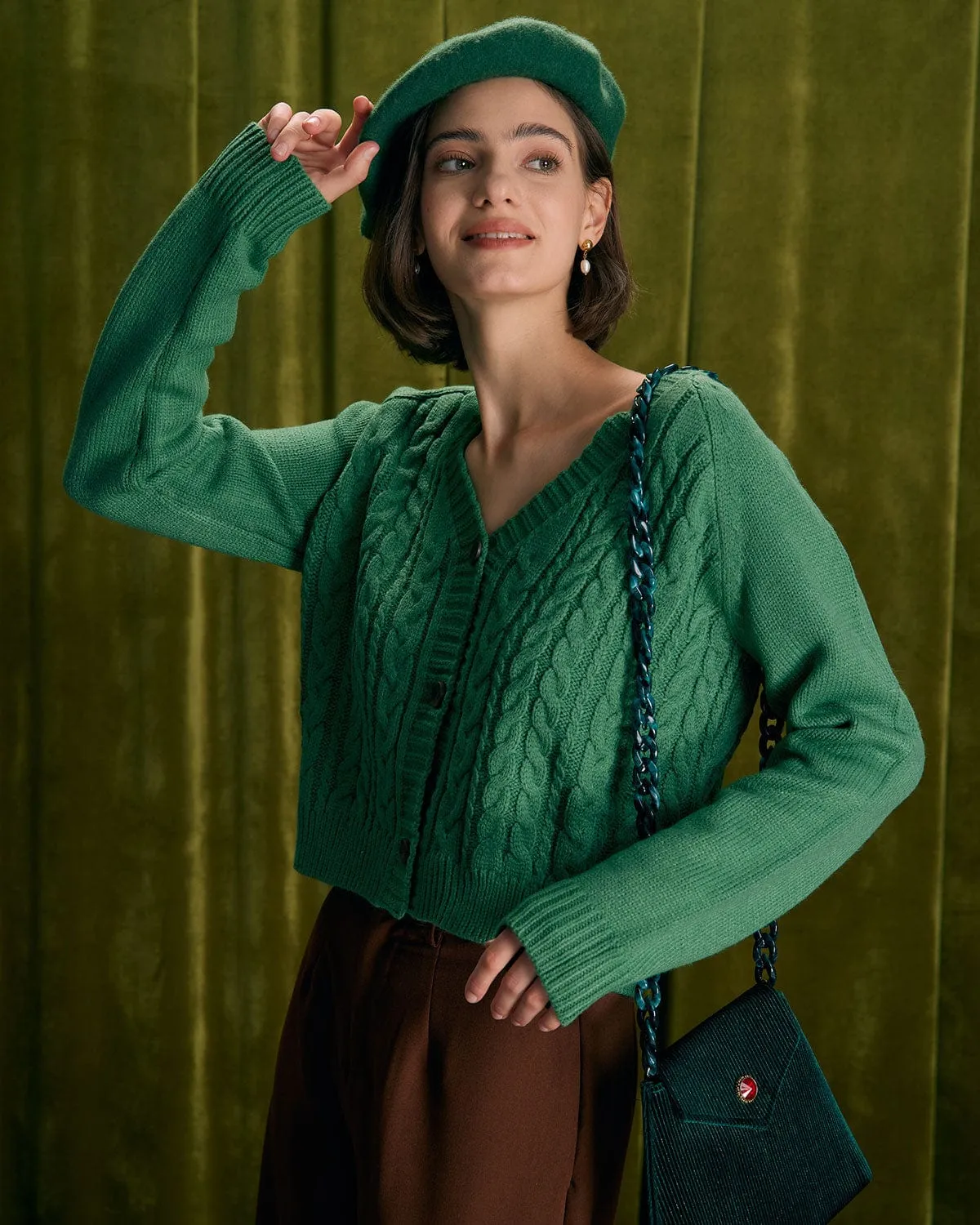 The Green V Neck Ribbed Cable Cardigan