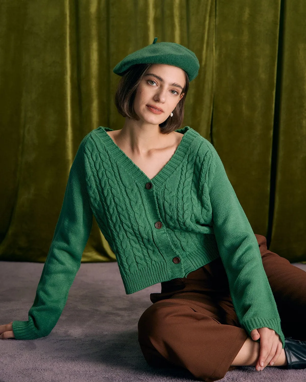 The Green V Neck Ribbed Cable Cardigan