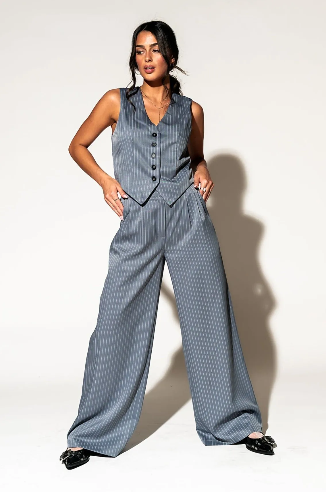 Wide Leg Trousers in Boss B*tch Pinstripe (Grey)