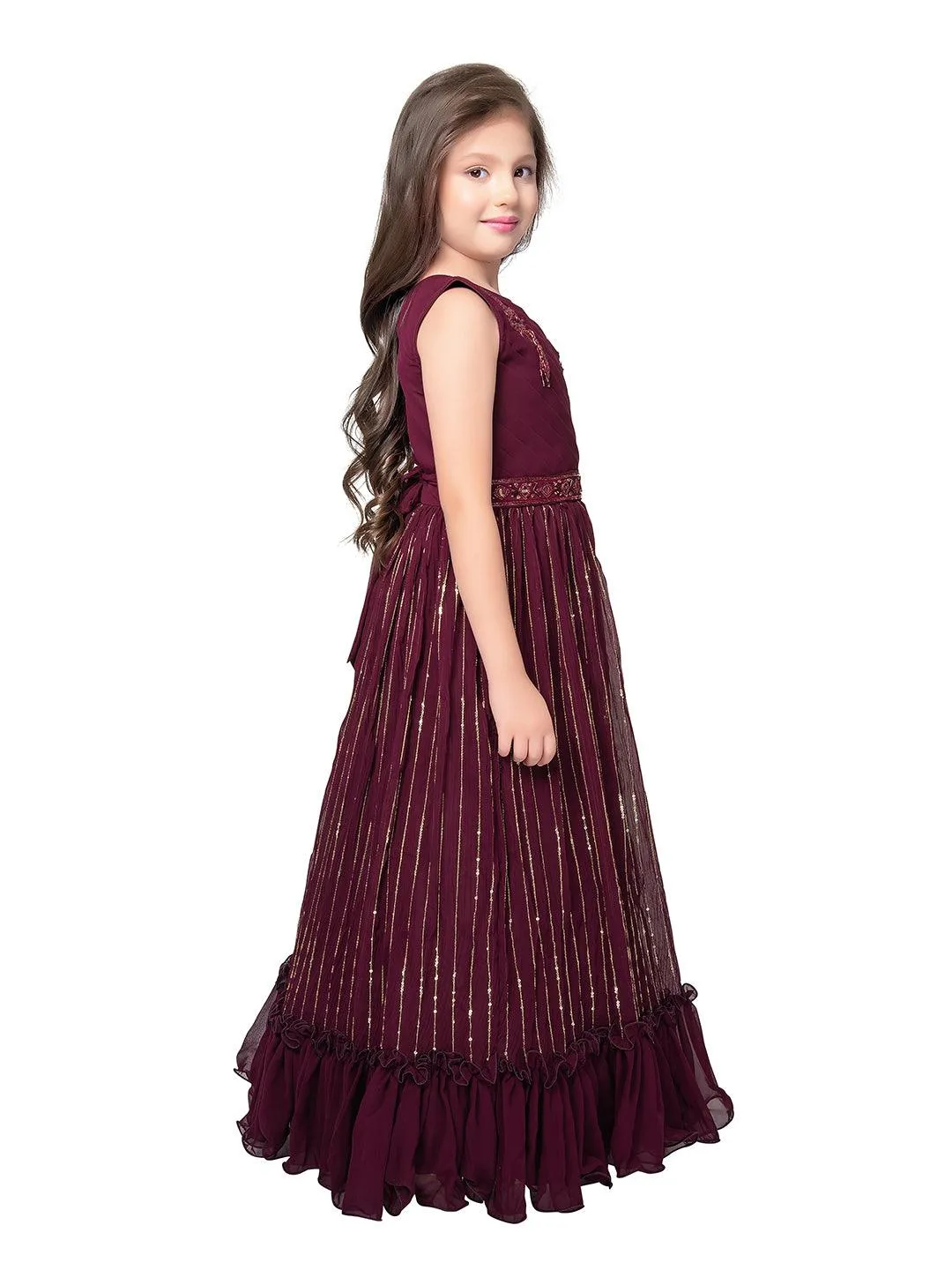 Wine Coloured Unique Cape Style Sleeves Pattern Gown For Girls