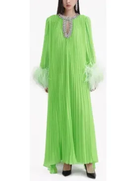 Women’s Chiffon Pleated Feather-Trim Embellished Dress, Green