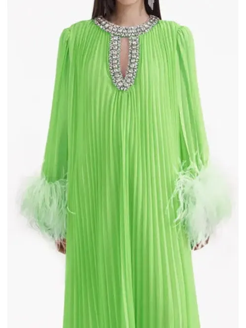 Women’s Chiffon Pleated Feather-Trim Embellished Dress, Green