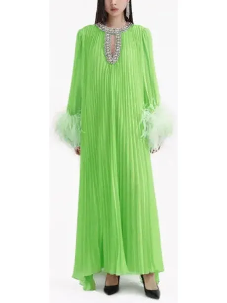 Women’s Chiffon Pleated Feather-Trim Embellished Dress, Green