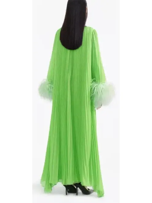 Women’s Chiffon Pleated Feather-Trim Embellished Dress, Green