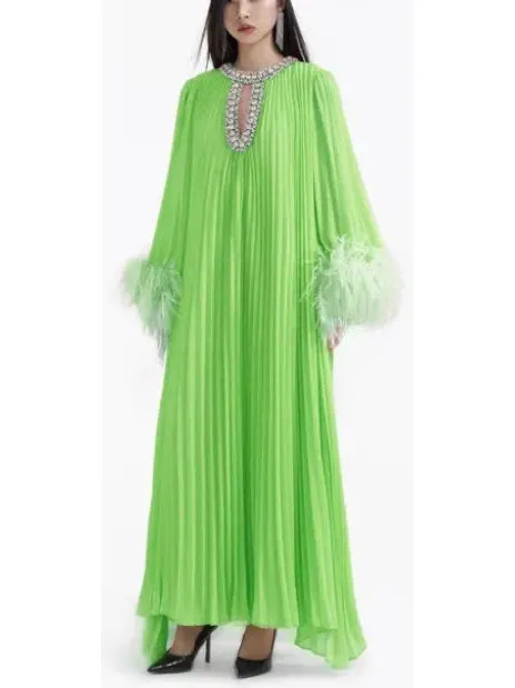 Women’s Chiffon Pleated Feather-Trim Embellished Dress, Green