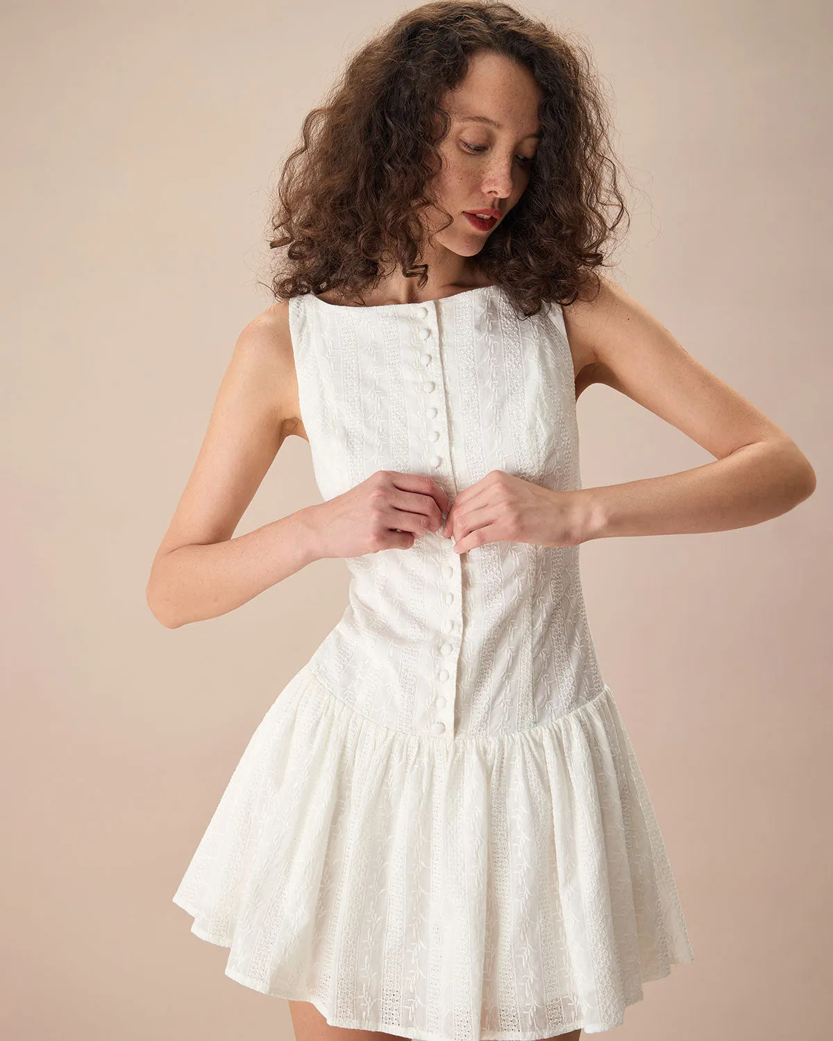 Women's White Boat Neck Jacquard Cotton Mini Dress