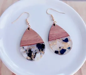 Wood with Black and White Resin Teardrop Earrings